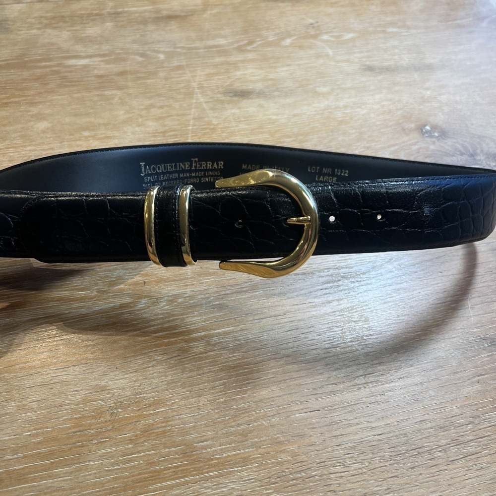 Vintage Jacqueline Ferrar Wide Black Italian Leather Belt Large Gold Tone Buckle